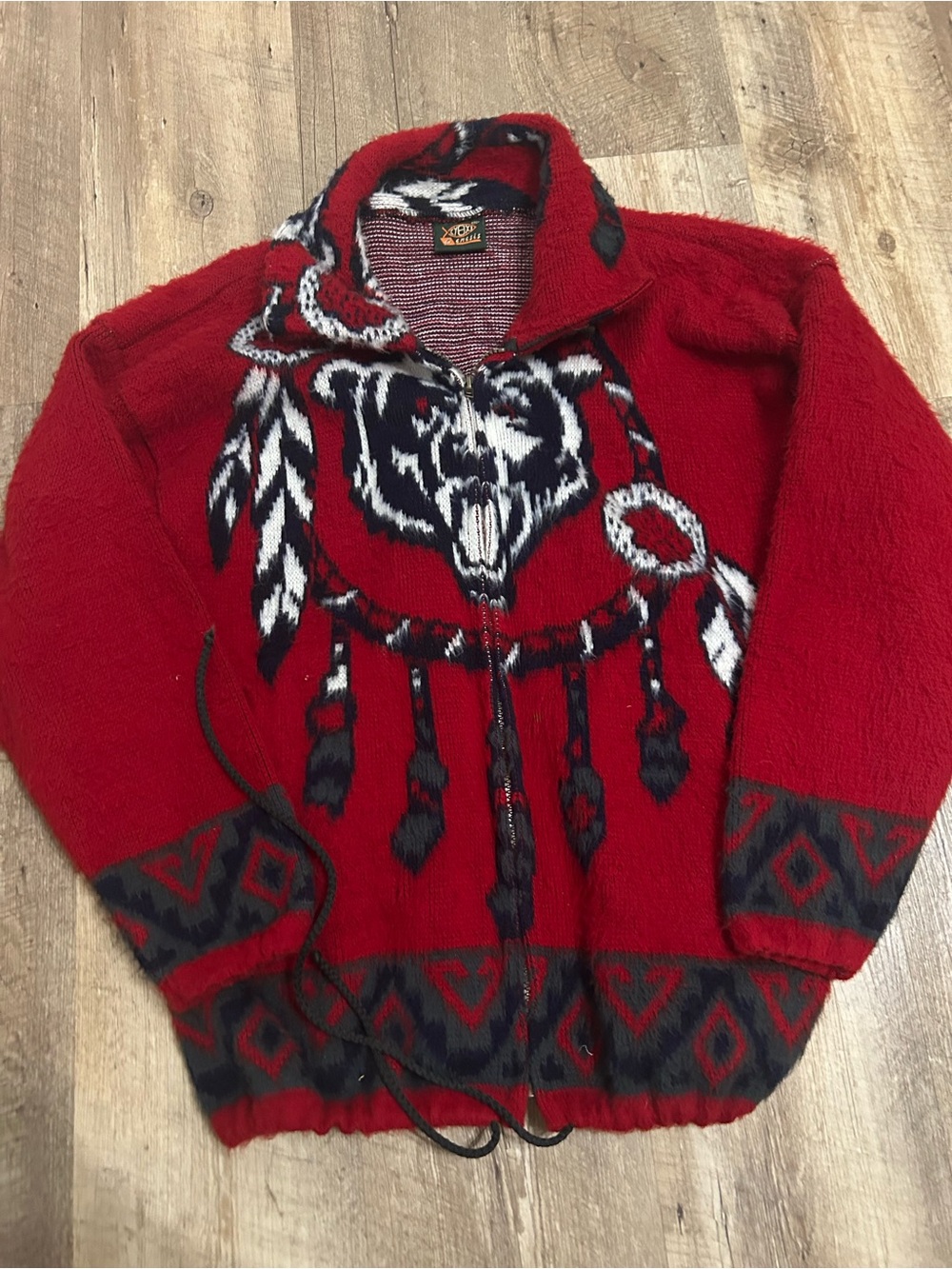 Vintage Red Wool Zip-Up Sweater with Wolfe & Dreamcatcher